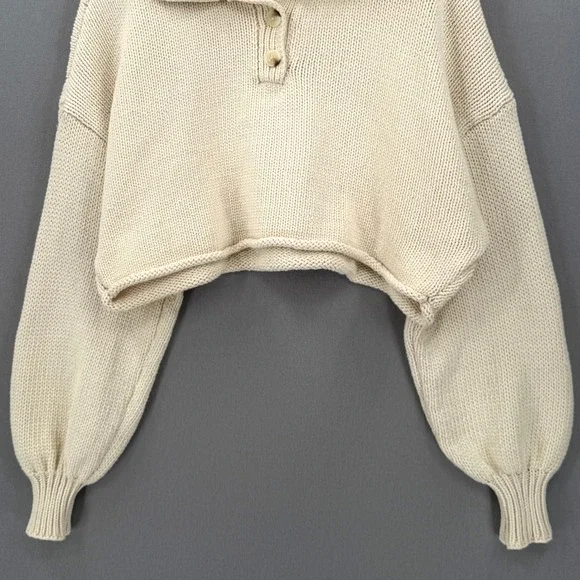 ZARA Cropped Polo Sweater Women Small Cream Relaxed Balloon Sleeve Casual Collar - Picture 8 of 15